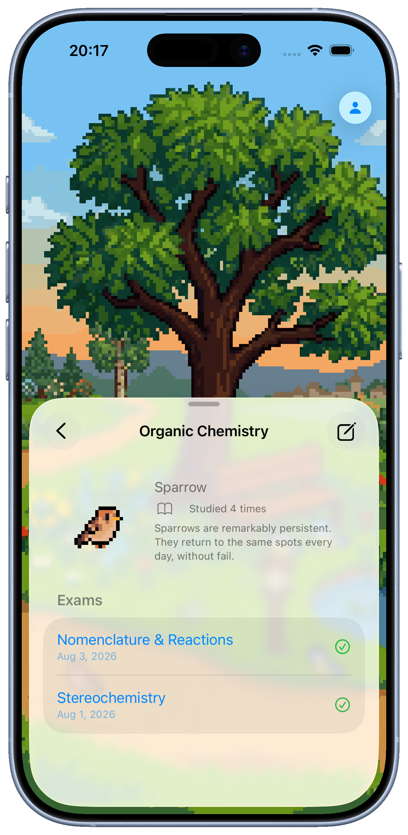 A bird's detail view showing exam history in the PrepSparrow app