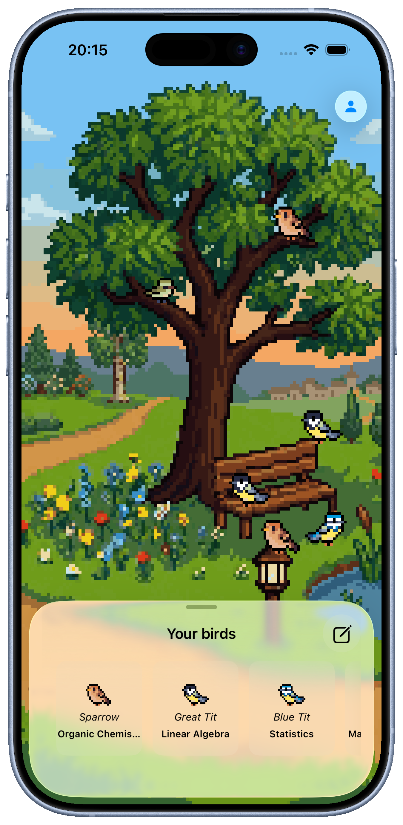 PrepSparrow garden screen, showing birds representing courses gathered around a tree